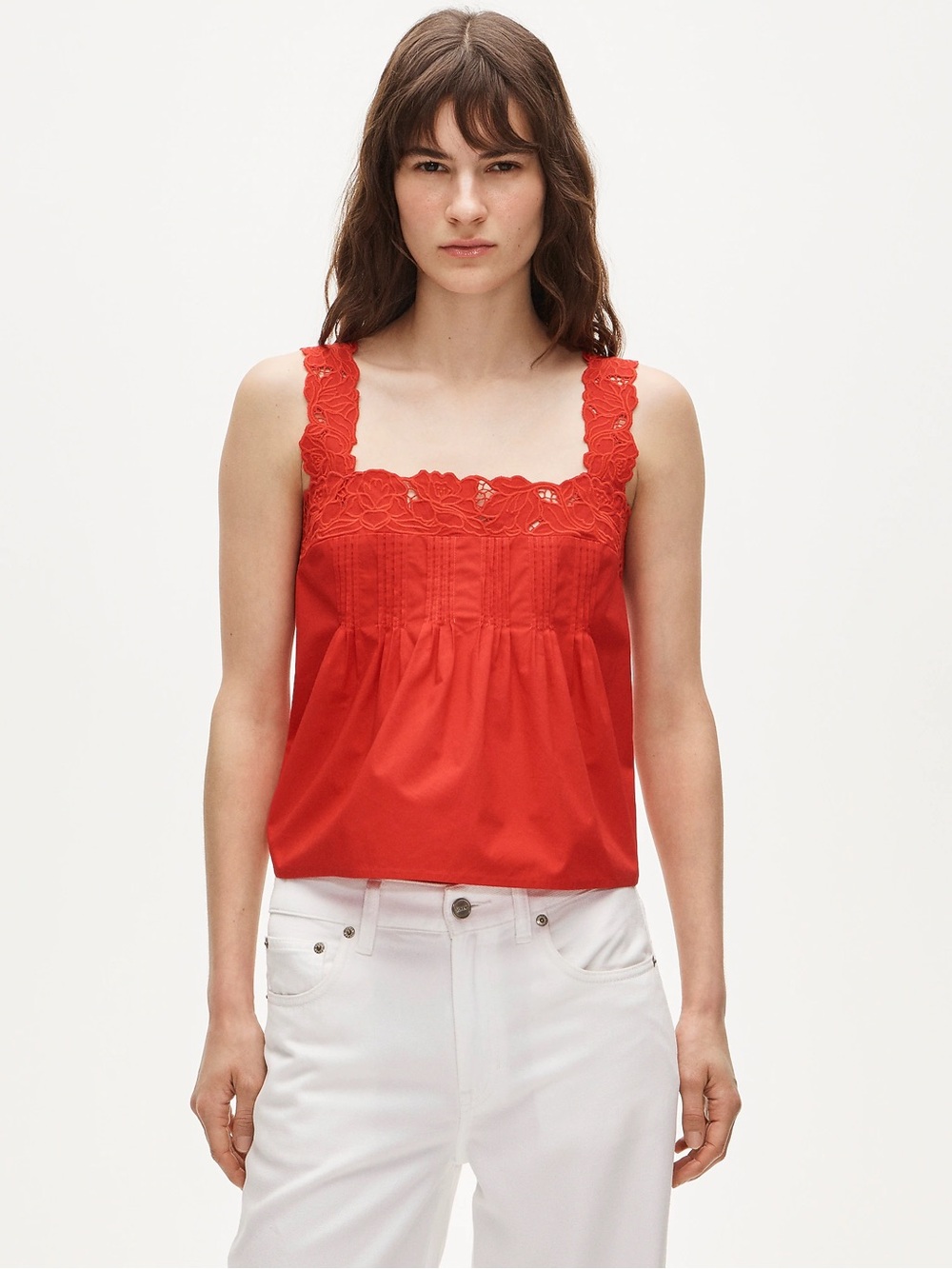 J Crew Lace-trim tank top in compact poplin